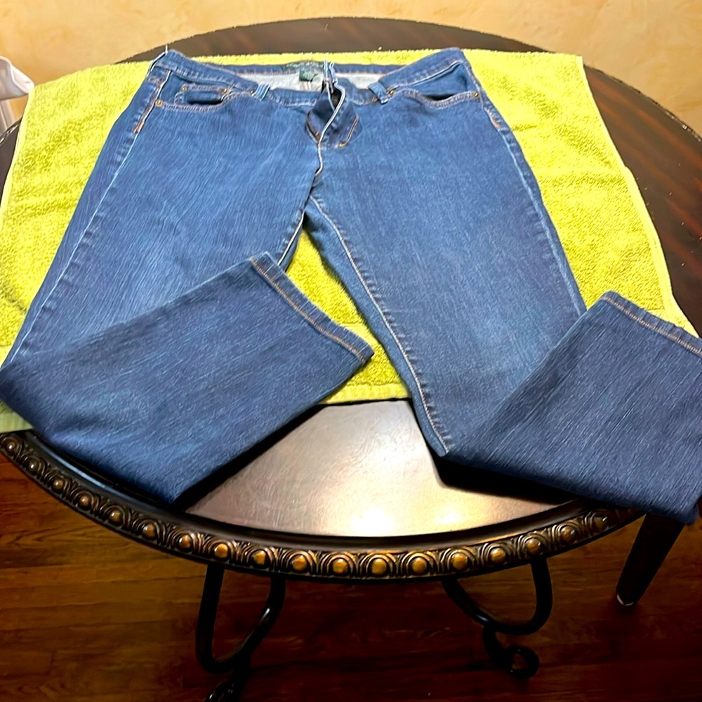 Size 14.  Blue jean.  Slight stretch.